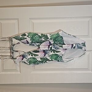 Tropical Print One Piece Swimsuit Size XL Deep V Plunge Tie Back